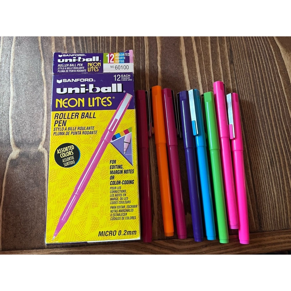 Vtg Uni Ball Neon Lites Pens Lot Of 6 Colors Micro 8 Pens Sanford